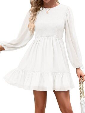 Flowy Off-white Feminine Boho Tiered Smocked Bodice Mini Dress - Size: Medium